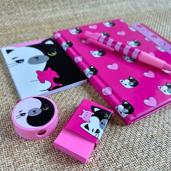 Kawaii Cat Stationery Set Notebook Pen Ruler Eraser Sharpener New - Picture 2 of 3